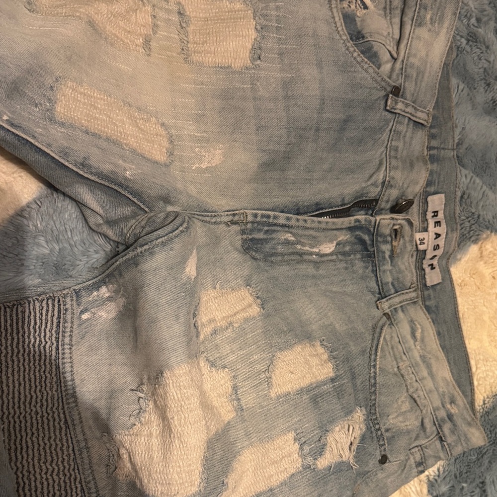 Distressed Light Blue Denim Jeans w paint splatter